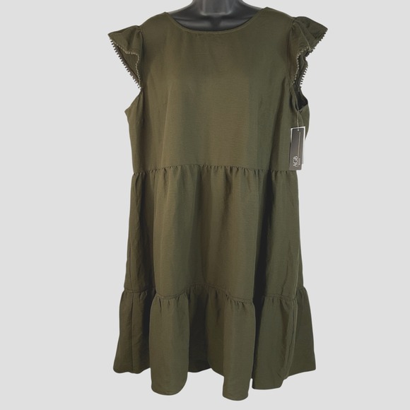NWT AGB Womens Babydoll Dress Olive Green Sz XL Flutter Sleeve Tiered Round Neck - Picture 1 of 16